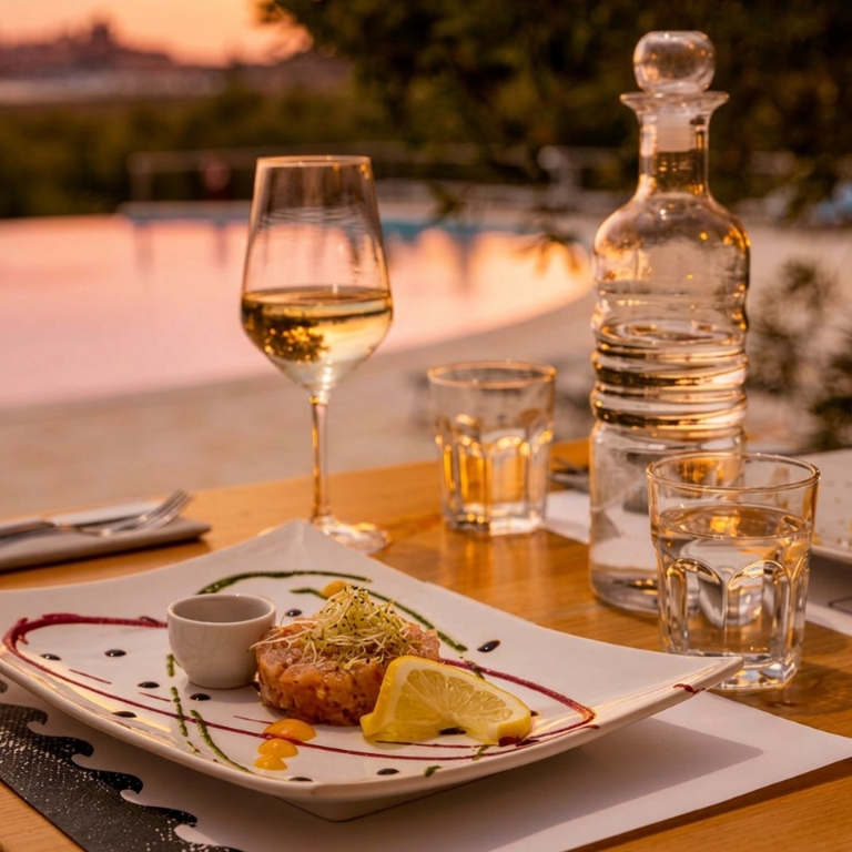 Una tavola all'aperto al tramonto: un piatto gourmet decorato con germogli, una fetta di limone e salsa, accanto a una piccola ciotola di salsa. In primo piano un calice di vino bianco, una bottiglia e un bicchiere d'acqua. Sullo sfondo si intravede una piscina.