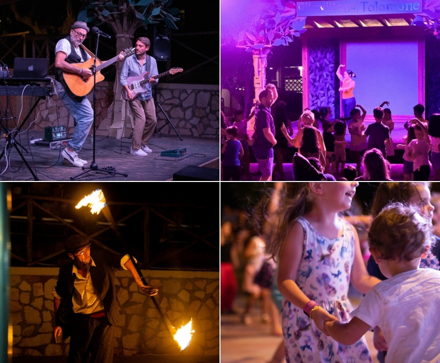 Collage di quattro scatti: in alto a sinistra due musicisti con chitarre sul palco all'aperto; in alto a destra una cantante sul palco con luci viola davanti a un pubblico; in basso a sinistra un artista di fuoco che maneggia torce in un contesto notturno; in basso a destra due bambini che ballano tenendosi per mano in mezzo alla folla.