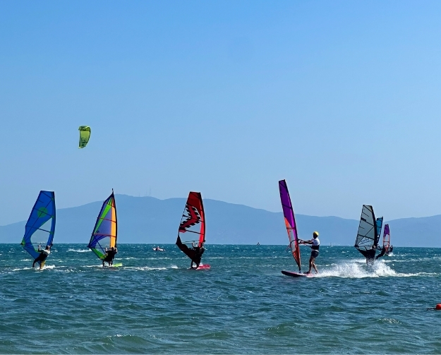 Mehrere Windsurfer gleiten mit bunten Segeln über das Meer; im Hintergrund sieht man Berge und einen klaren blauen Himmel.