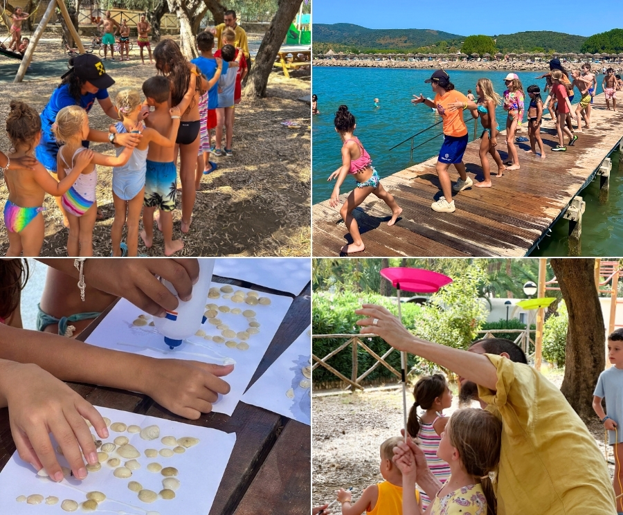Quattro immagini di bambini in attività all'aperto: in alto a sinistra una fila di bambini al parco, in alto a destra ragazzi e ragazze camminano e saltano da una passerella di legno verso l'acqua, in basso a sinistra mani di bambini che modellano e ritagliano pezzi di pasta modellabile su fogli, in basso a destra un adulto mostra qualcosa a un gruppo di bambini seduti tra gli alberi.