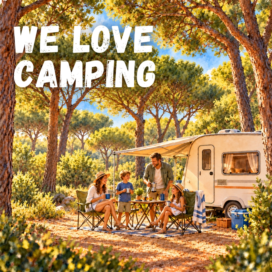 Una famiglia al campeggio accanto a una roulotte, seduta attorno a un tavolo all'aperto tra gli alberi, in una giornata di sole; in alto a sinistra è presente la scritta bianca 'WE LOVE CAMPING'.