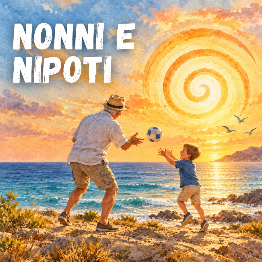 Un nonno e suo nipote giocano a pallone sulla spiaggia al tramonto, con il mare sullo sfondo.