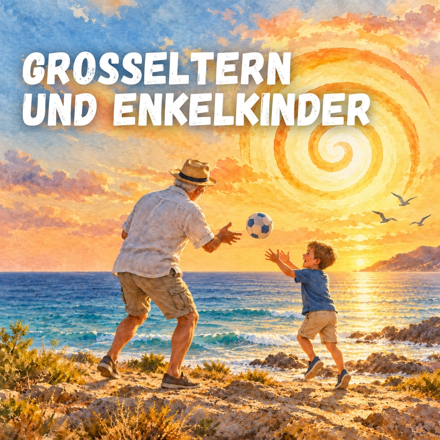 Ein Großvater spielt am Strand mit seinem Enkel, sie werfen sich einen Ball zu; der Sonnenuntergang taucht Himmel und Meer in warme Orange- und Gelbtöne.