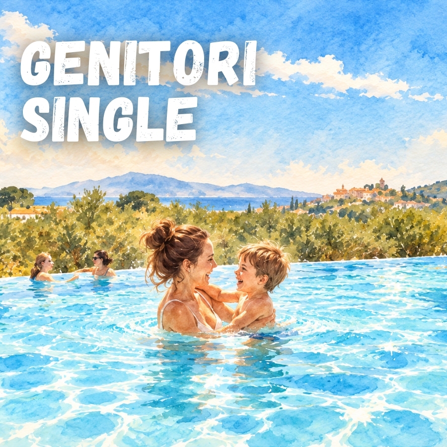 Una donna in piscina tiene in braccio un bambino felice; sullo sfondo si vedono colline, alberi e un cielo azzurro, e in alto a sinistra è visibile la scritta GENITORI SINGLE.