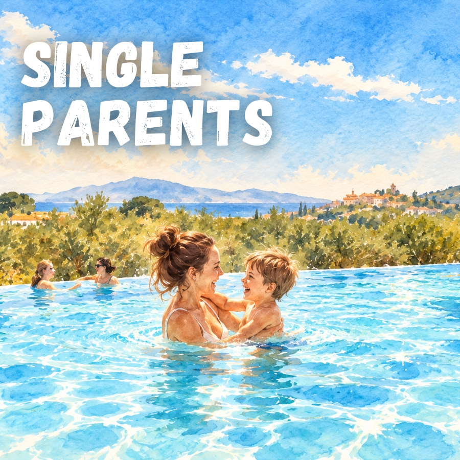 A smiling mother holds her young child in a bright blue outdoor pool while other swimmers splash in the background; a scenic landscape of trees and hills under a blue sky, with large white text across the top that reads SINGLE PARENTS.