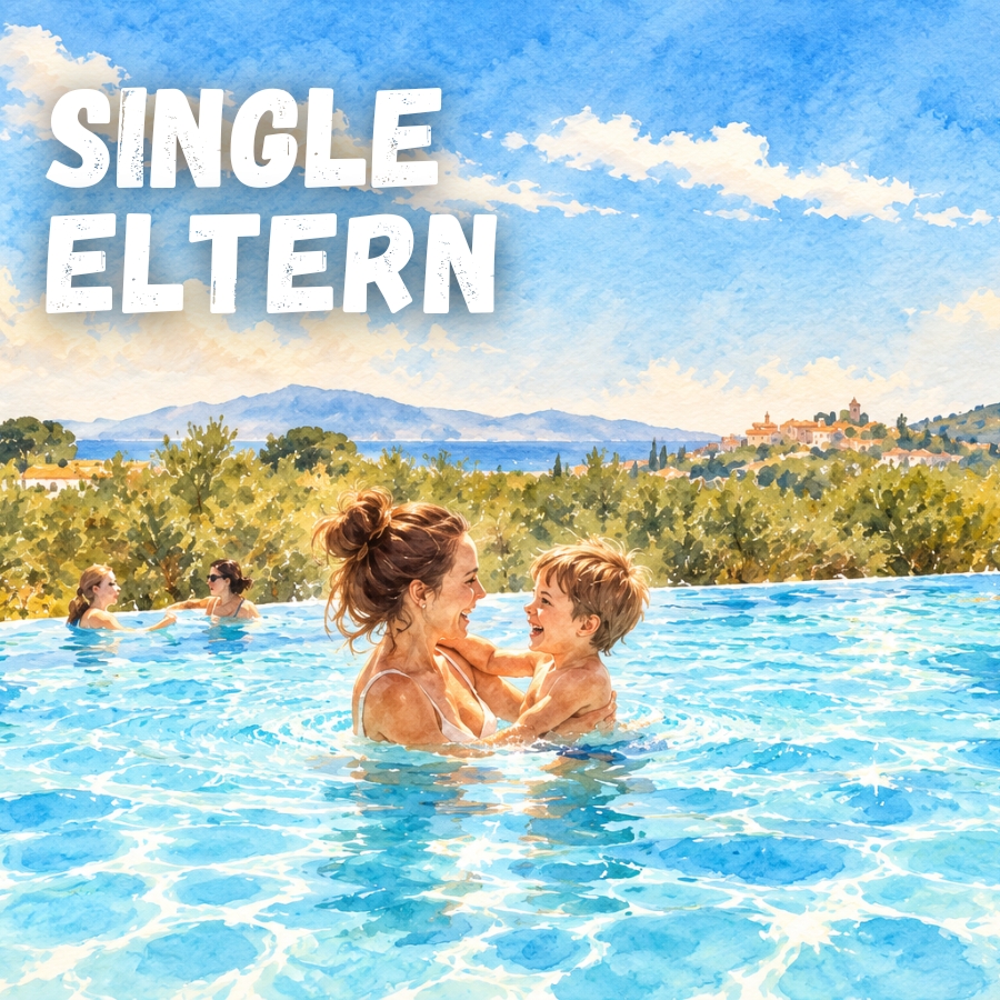 Poster mit dem Schriftzug Single Eltern oben links; eine Mutter hält ein Kleinkind im blauen Pool, im Hintergrund eine Landschaft mit Bäumen, Hügeln und weiter entfernten Häusern.