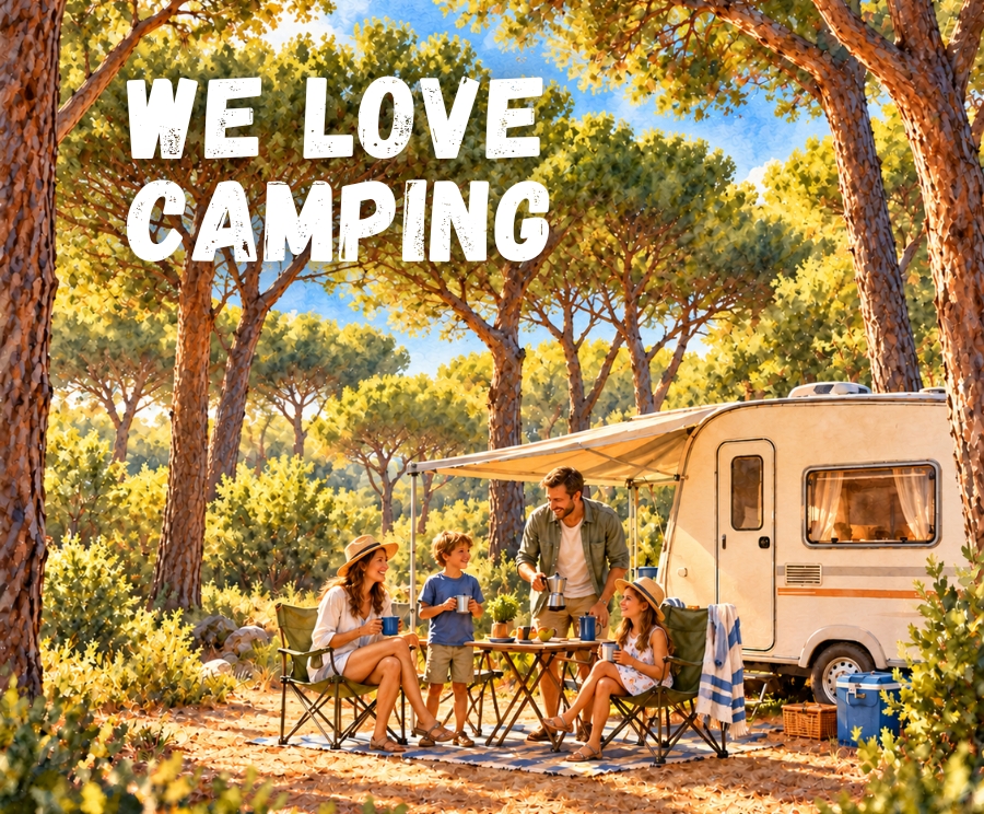 An outdoor camping scene with a family gathered around a small table beside a beige camper in a sunlit pine forest; a man stands and talks while two women and a child sit and enjoy the moment. The bold white text WE LOVE CAMPING appears in the top-left corner.