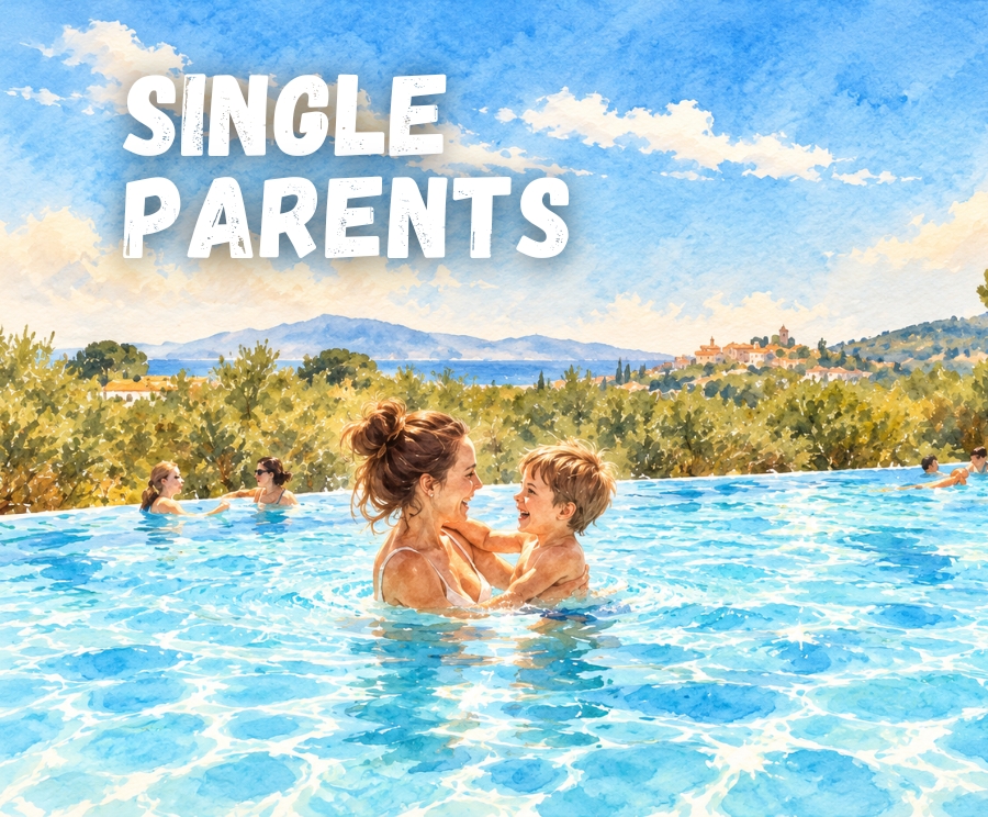 A mother and child embrace in a bright outdoor swimming pool, with the words Single Parents written in large white letters at the top.